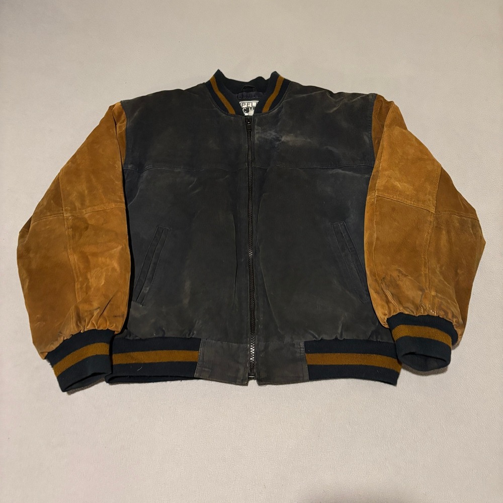 Pelle Cuir Mens Vintage Suede Bomber Jacket Navy Tan Two Tone Varsity Large